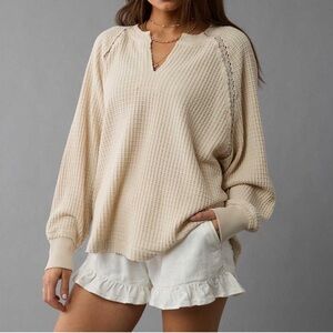 American Eagle Big Hug waffle knit notch neck oversized top sweatshirt M